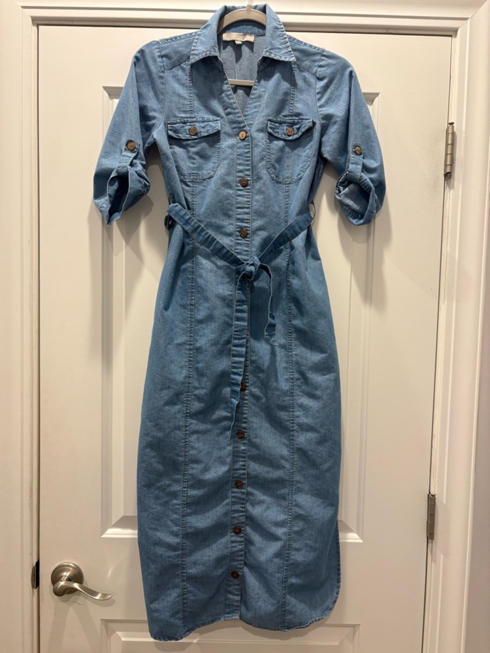 Light Blue Denim Maxi Shirt Dress with Tie Belt